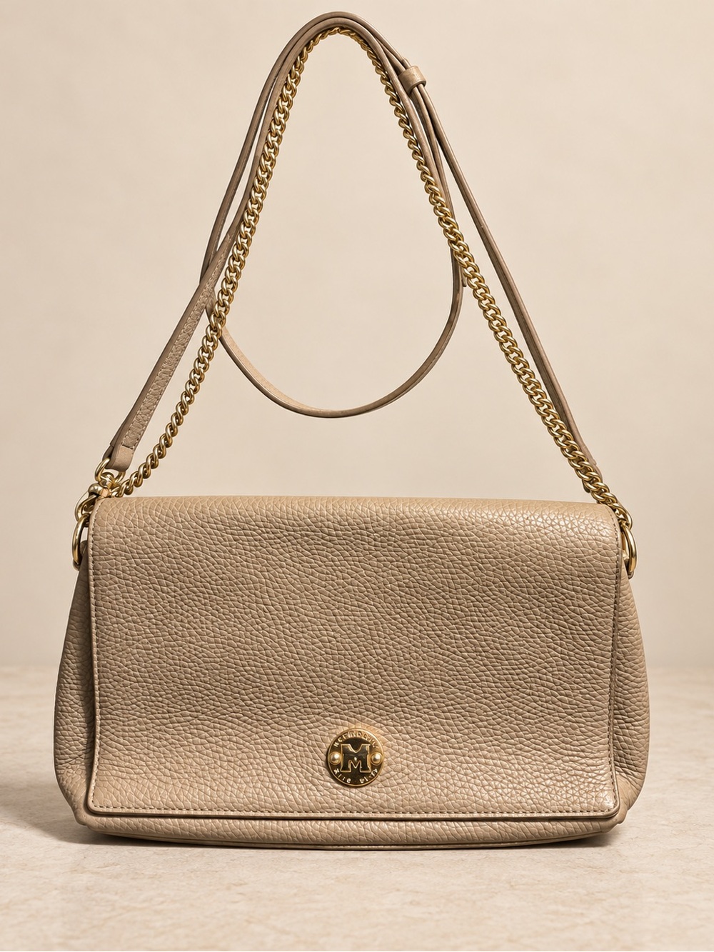 METROCITY Taupe Pebbled Leather Flap Crossbody Shoulder Bag Gold Chain